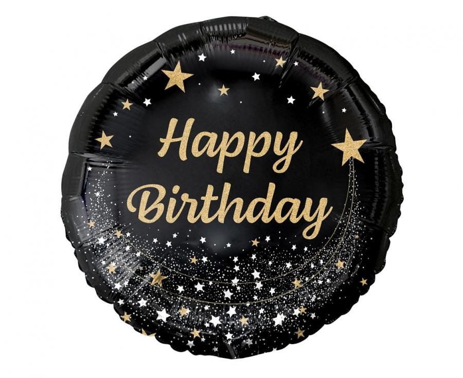 Balon foliowy Happy Birthday, gwiazdki czarny ze złotym nadrukiem, 45cm