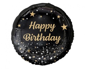 Balon foliowy Happy Birthday, gwiazdki czarny ze złotym nadrukiem, 45cm 