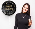Balon foliowy Happy Birthday, gwiazdki czarny ze złotym nadrukiem, 45cm