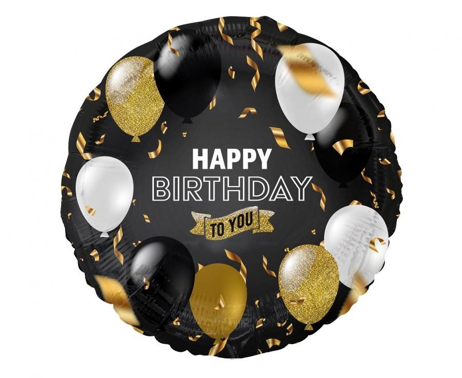 Balon foliowy Happy Birthday to you, czarno-złoty nadruk, 45cm