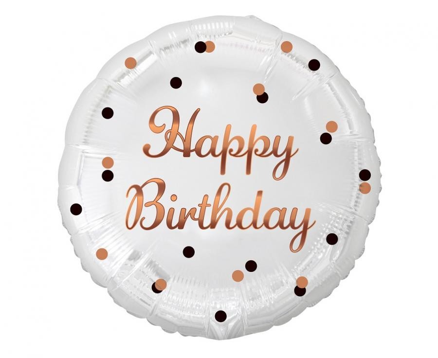 Balon foliowy Happy Birthday, biały, różowo-złoty nadruk, 45cm