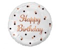 Balon foliowy Happy Birthday, biały, różowo-złoty nadruk, 45cm