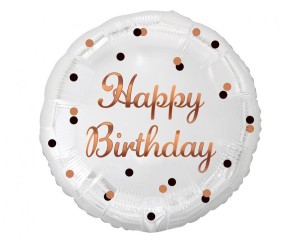 Balon foliowy Happy Birthday, biały, różowo-złoty nadruk, 45cm