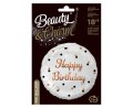Balon foliowy Happy Birthday, biały, różowo-złoty nadruk, 45cm