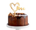 Topper akrylowy złoty serce Love na tort, 13 x 10 cm