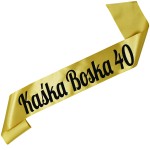 Boska 40 + imię - złota szarfa z czarnym nadrukiem