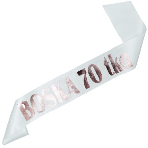 Boska 70tka -  biała szarfa z różowozłotym nadrukiem