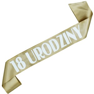 18 urodziny - starozłota szarfa z białym nadrukiem