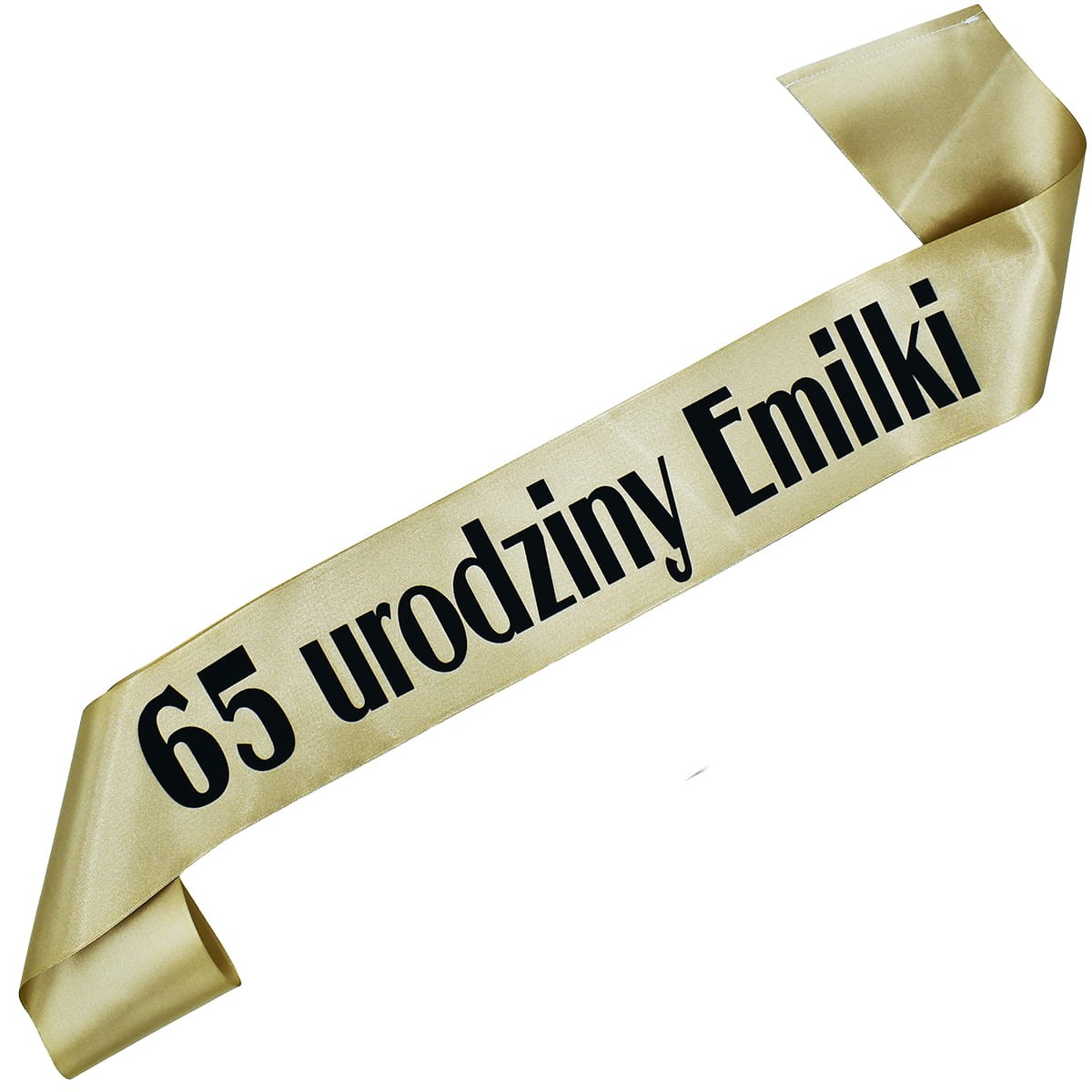 65 urodziny + imię - starozłota szarfa z czarnym nadrukiem