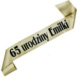 65 urodziny + imię - starozłota szarfa z czarnym nadrukiem