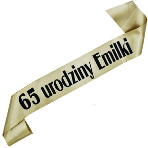 65 urodziny + imię - starozłota szarfa z czarnym nadrukiem