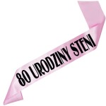 80 urodziny + imię - jasnoróżowa szarfa z czarnym nadrukiem