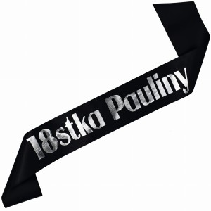 18stka + imię - czarna szarfa ze srebrnym nadrukiem