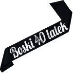 Boski 40 latek czarna szarfa ze srebrnym nadrukiem