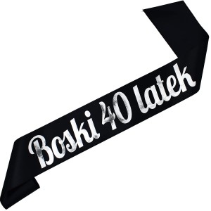 Boski 40 latek czarna szarfa ze srebrnym nadrukiem