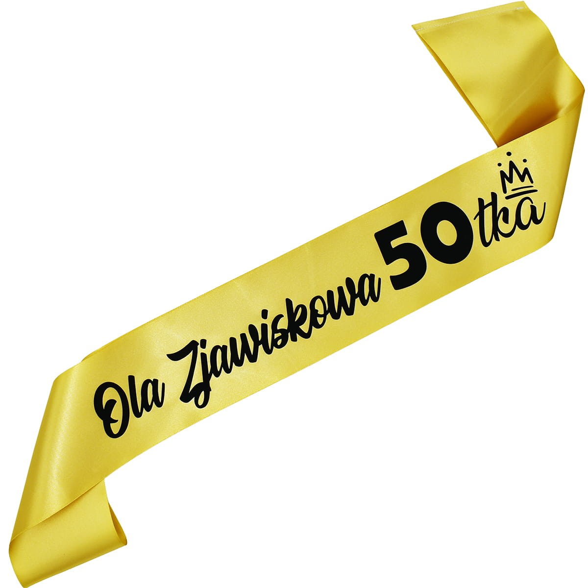Zjawiskowa 50-tka + imię - złota szarfa z czarnym nadrukiem