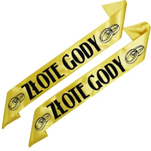 Zestaw złotych szarf  z czarnym nadrukiem - Złote Gody z obrączkami