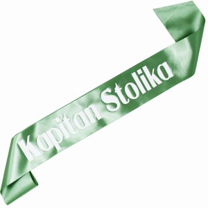 Kapitan stolika - szałwiowa szarfa ze złotym nadrukiem