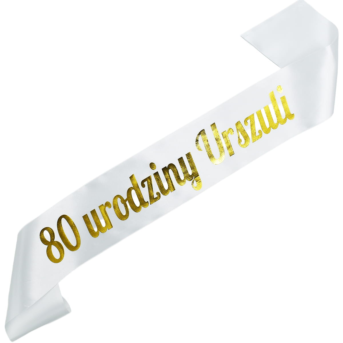80 urodziny + imię - biała szarfa ze złotym nadrukiem