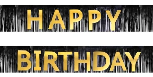 Baner urodzinowy Happy Birthday frędzle czarno-złoty 200cm