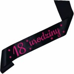 18 urodziny - czarna szarfa z fuksjowym nadrukiem