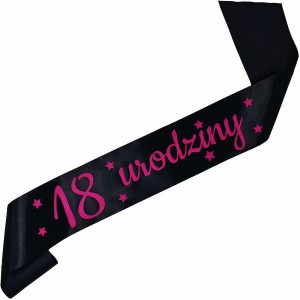 18 urodziny - czarna szarfa z fuksjowym nadrukiem