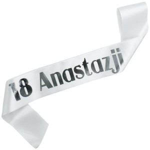 18 + imię - biała szarfa ze srebrnym nadrukiem