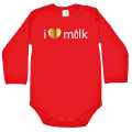 czerwone body niemowlęce z napisem i love milk, na długi rękaw
