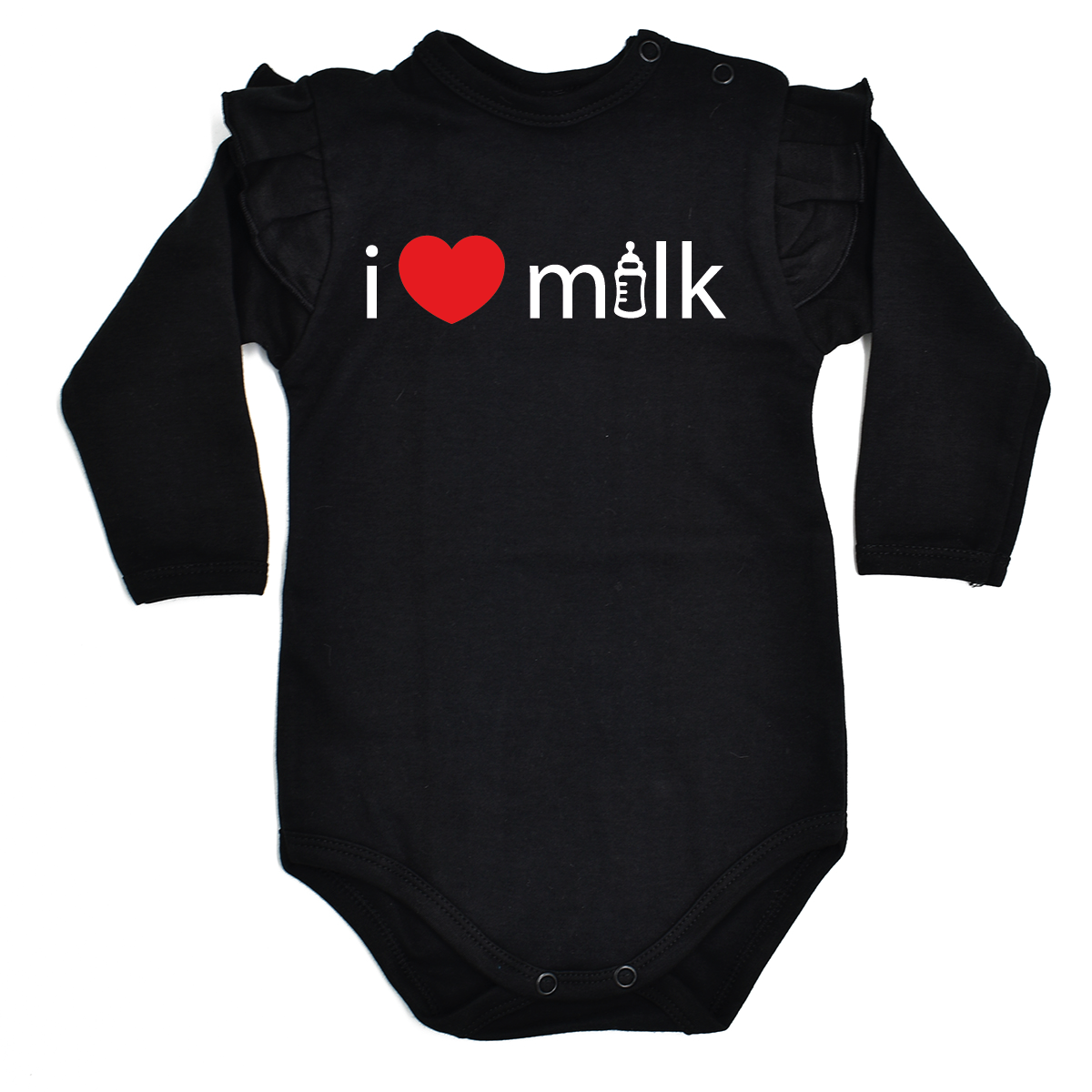 i love milk czarne body z falbanką na długi rękaw