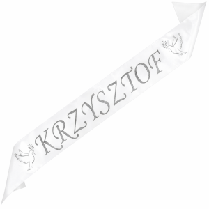Szarfa na Bierzmowanie z dowolnym imieniem - biała z srebrnym nadrukiem