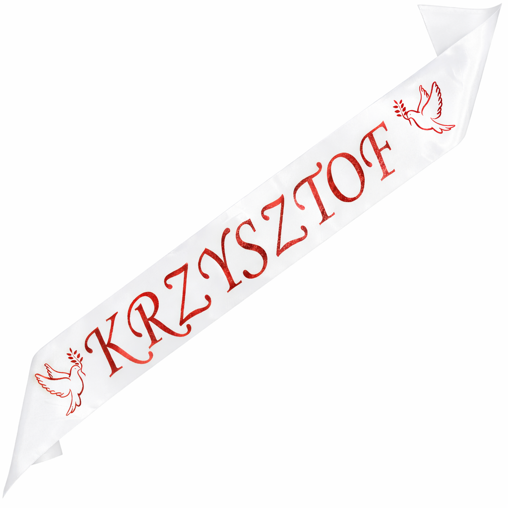 Szarfa na Bierzmowanie z dowolnym imieniem - biała z czerwonym nadrukiem