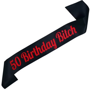50 Birthday Bitch - czarna szarfa z czerwonym nadrukiem