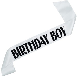 Birthday Boy - biała szarfa z czarnym nadrukiem