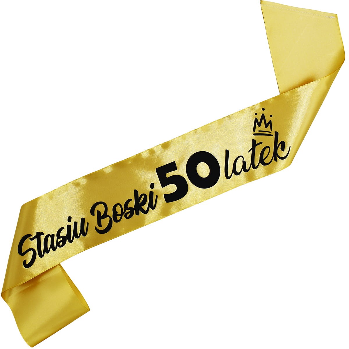 Boski 50latek + imię - złota szarfa z czarnym nadrukiem