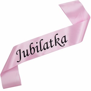 Jubilatka - jasnoróżowa szarfa z czarnym nadrukiem