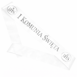 Szarfa dekoracyjna - I Komunia Święta + IHS - biała ze srebrnym nadrukiem