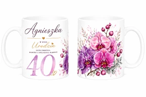 Kubek na 40  urodziny z imieniem - storczyki