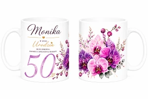 Kubek na 50  urodziny z imieniem - storczyki 
