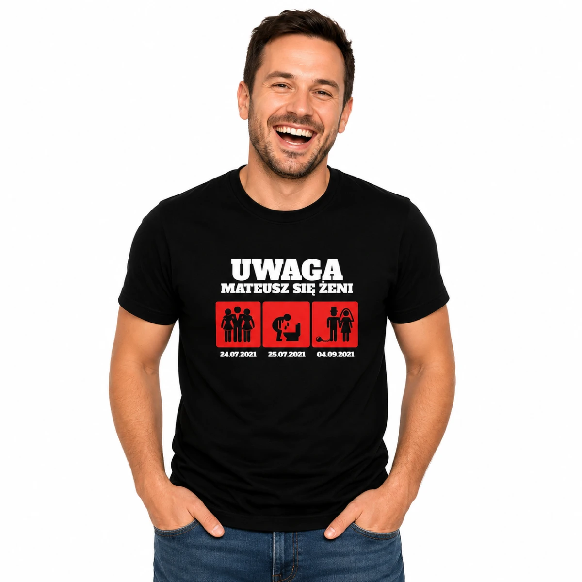 Koszulka na wieczór kawalerski „UWAGA” – prezent dla Pana Młodego
