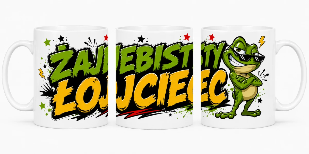 Kubek Zajebisty Ojciec z komiksową żabą i mocnym napisem