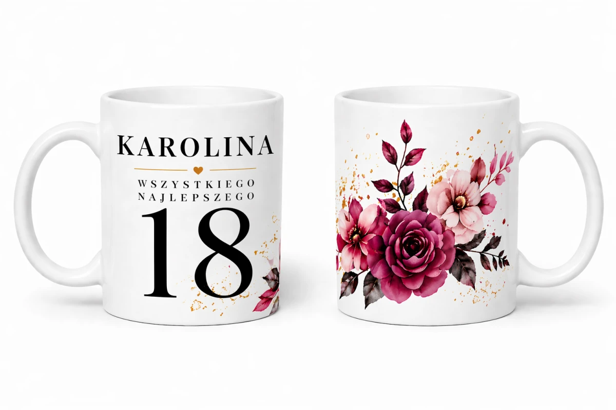 Personalizowany kubek na 18 urodziny z imieniem i motywem bordowe kwiaty