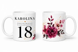 Kubek na 18 urodziny z imieniem - bordowe kwiaty