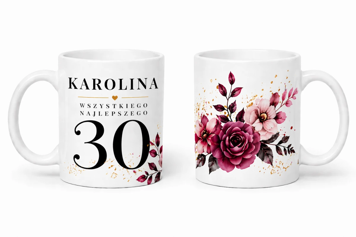 Personalizowany kubek na 30 urodziny z imieniem i motywem bordowe kwiaty