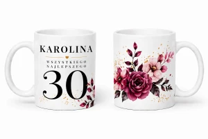 Kubek na 30 urodziny z imieniem - bordowe kwiaty
