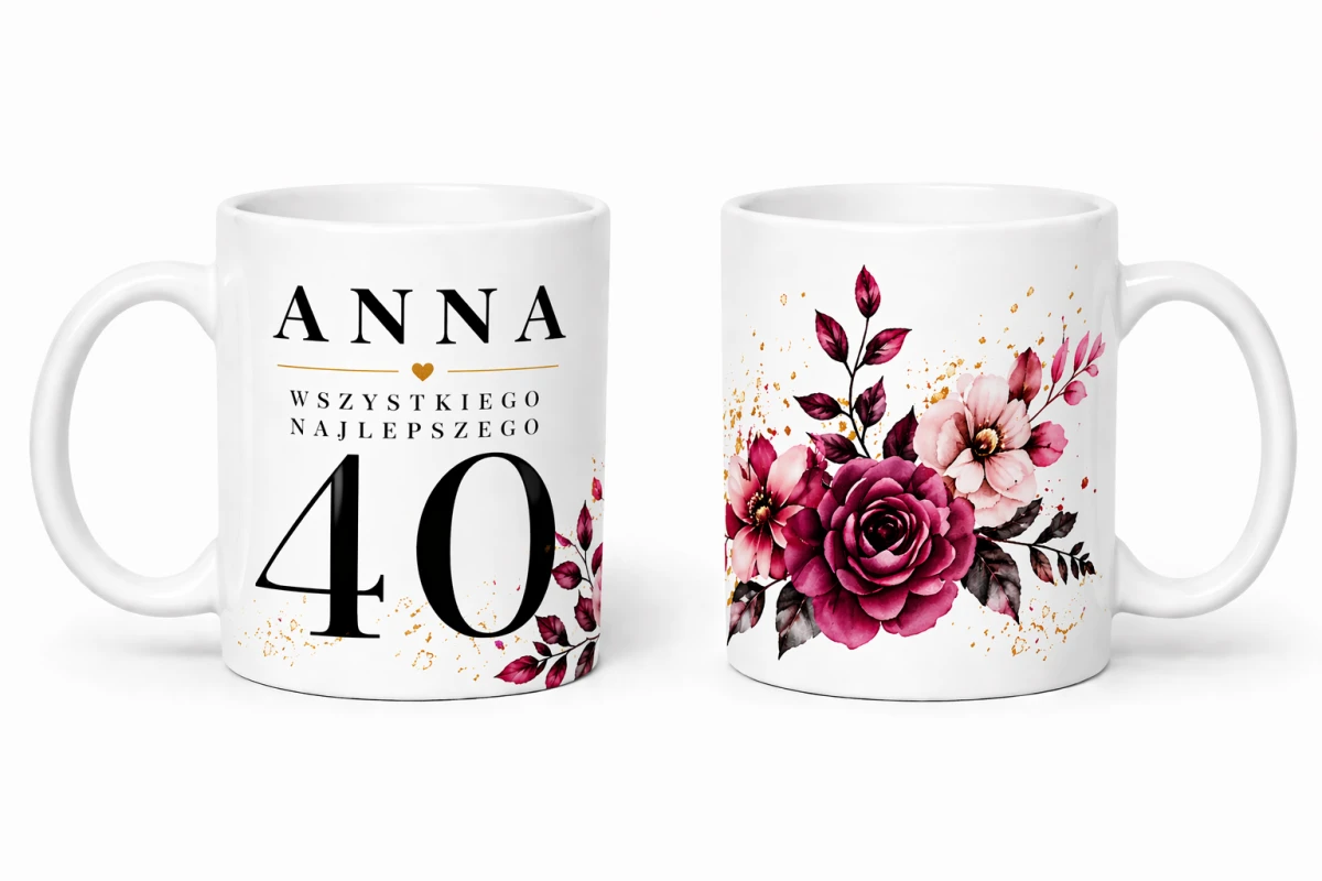 Personalizowany kubek na 40 urodziny z imieniem i motywem bordowe kwiaty