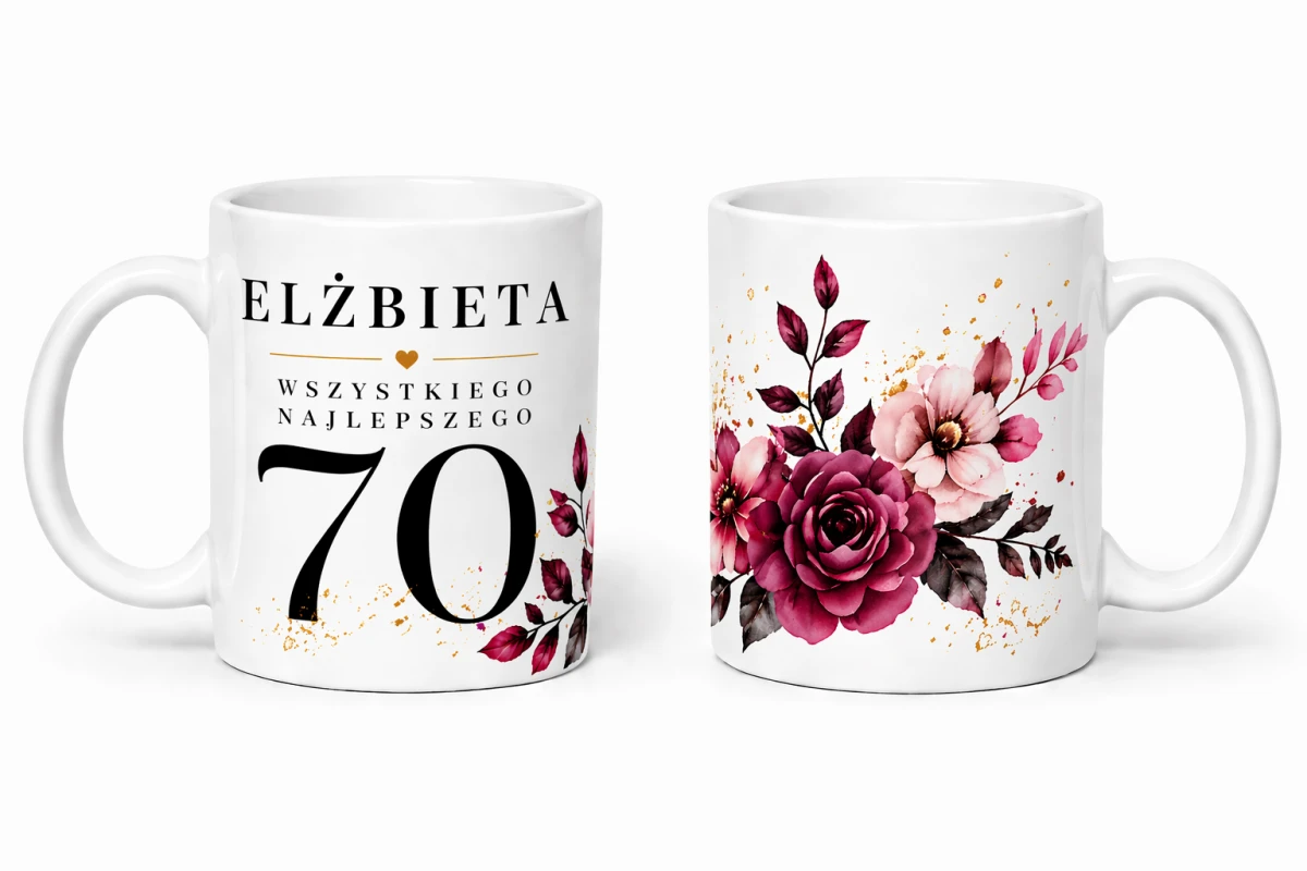 Personalizowany kubek na 70 urodziny z imieniem i motywem bordowe kwiaty