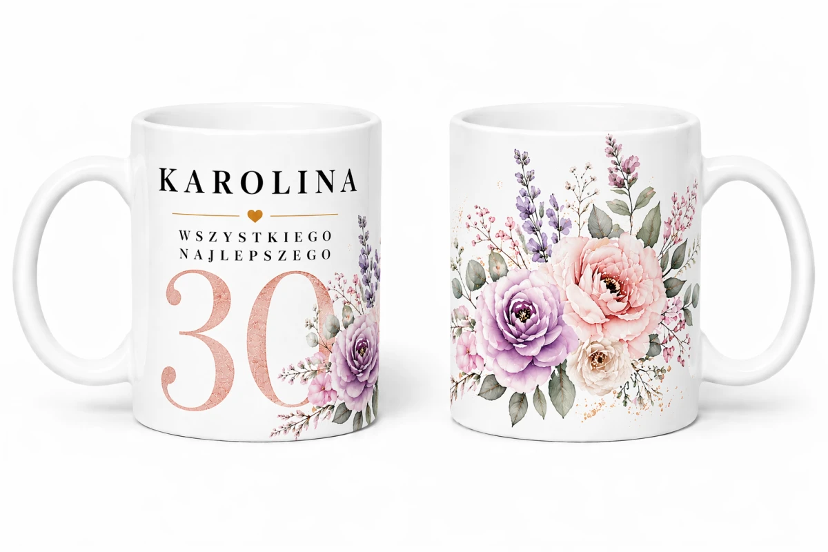 Personalizowany kubek na 30 urodziny z imieniem i motywem pastelowe kwiaty