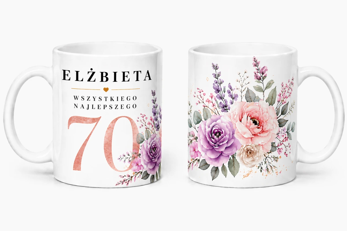 Personalizowany kubek na 70 urodziny z imieniem i motywem pastelowe kwiaty