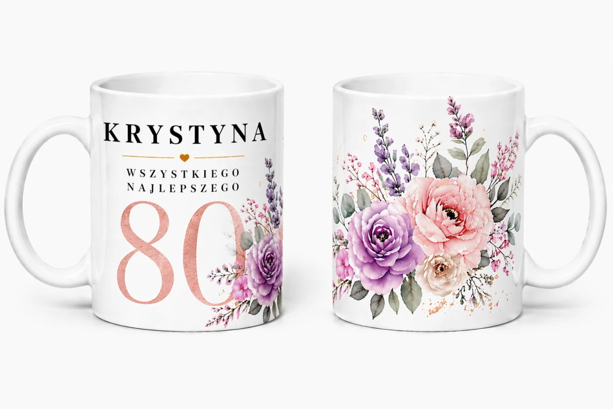 Personalizowany kubek na 80 urodziny z imieniem i motywem pastelowe kwiaty