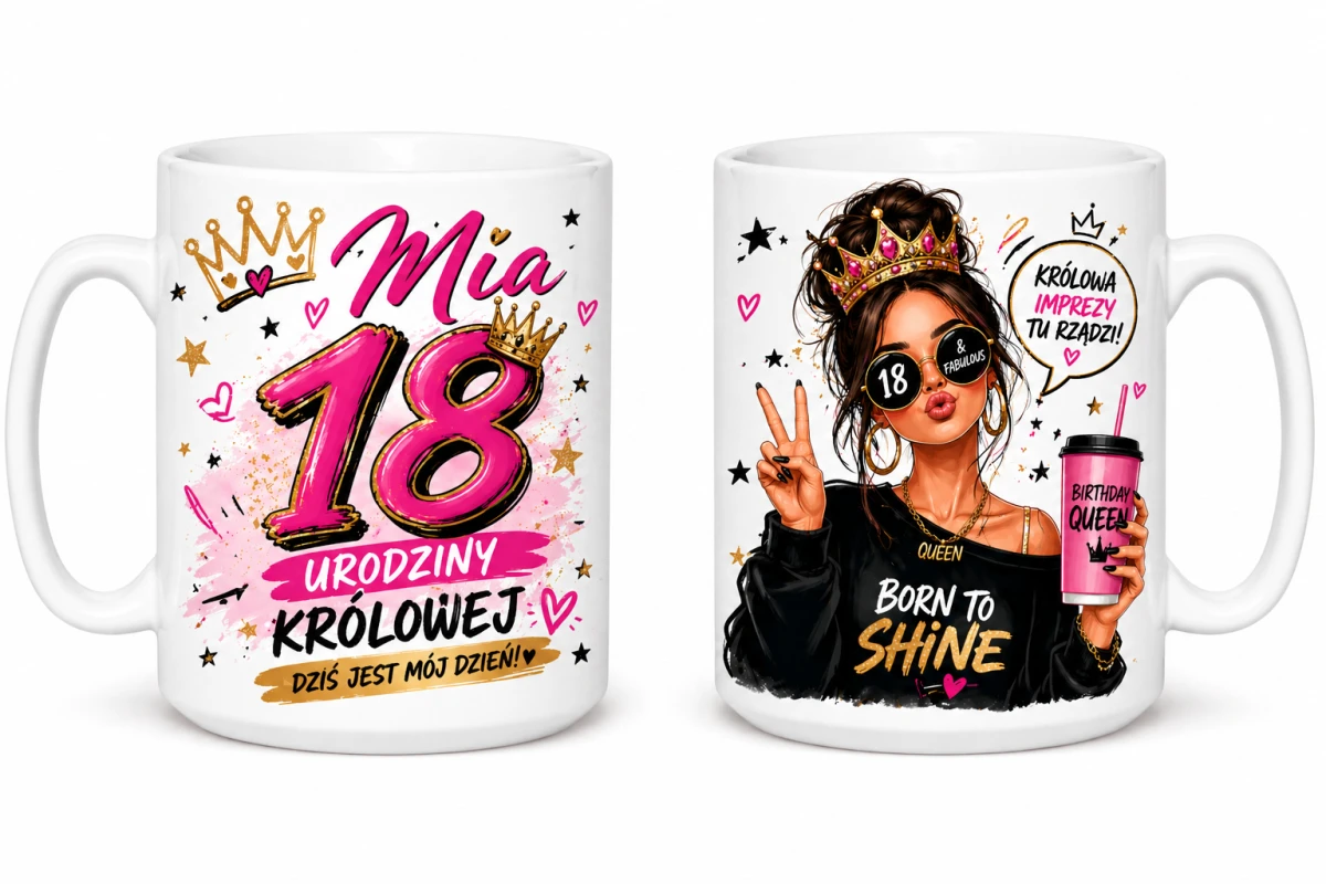 Personalizowany kubek na 18 urodziny z imieniem i motywem urodziny królowej